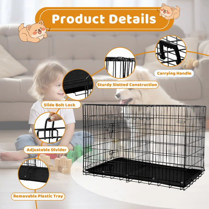 24 Inch Dog Crate, Dog Kennel Dog Crate Folding Metal Dog Crate with Double-Door,Divider Panel, Removable Tray and Handle Pet Dog Cages for Small Dogs Indoor Outdoor, Black